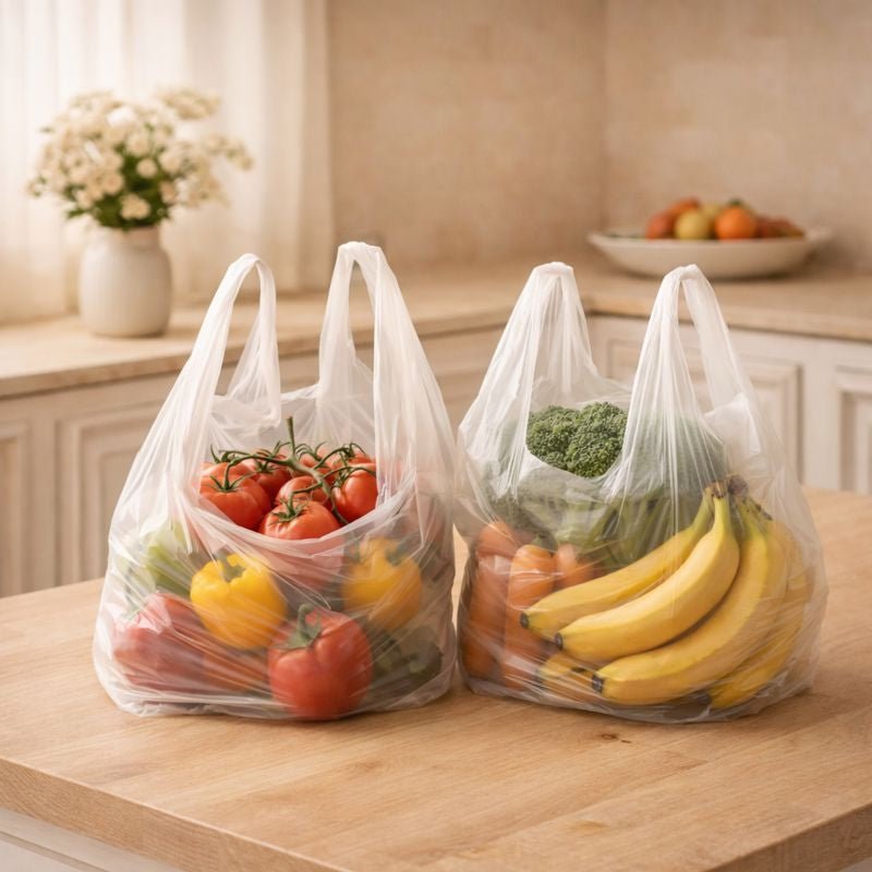 Image shows fruit and vegetable shopping in plastic bags on a kitchen counter.