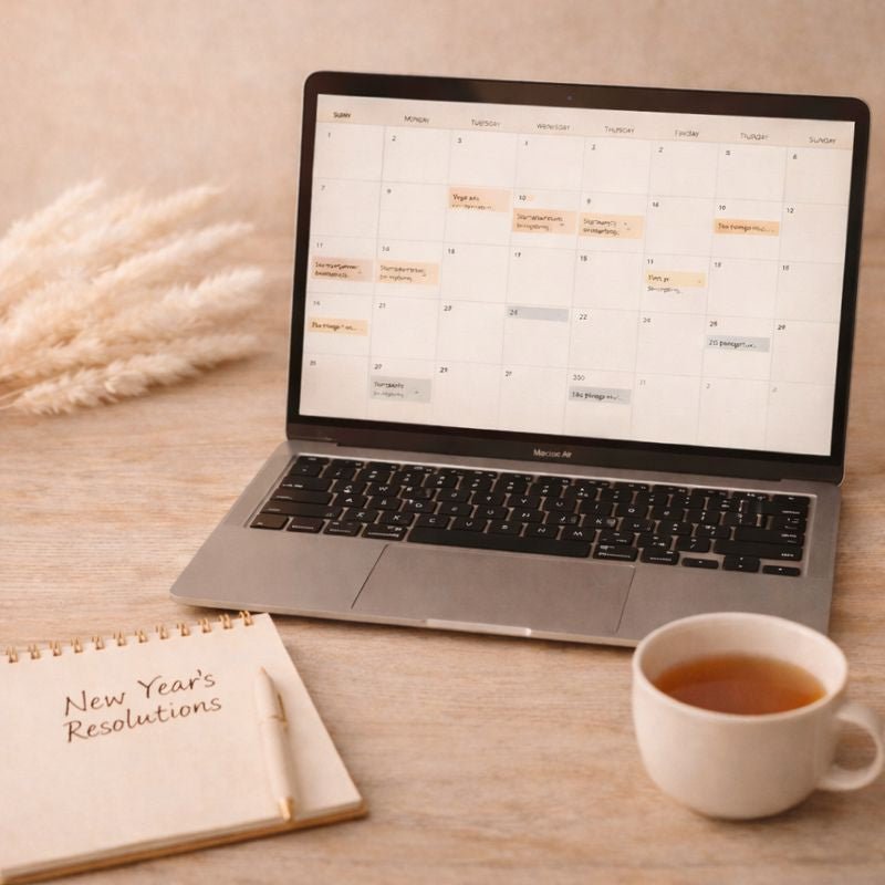 Image shows a laptop with an open calendar. Next to it a notebook and tea cup.
