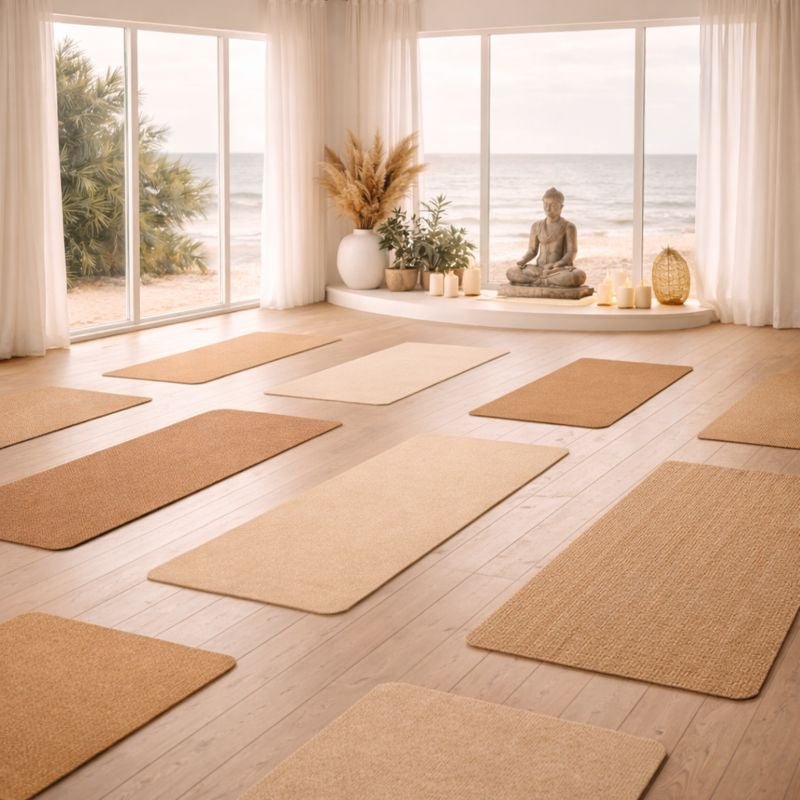 Image shows a stylish yoga studio room by the ocean with an elegant altar and various yoga mats laid out in front.