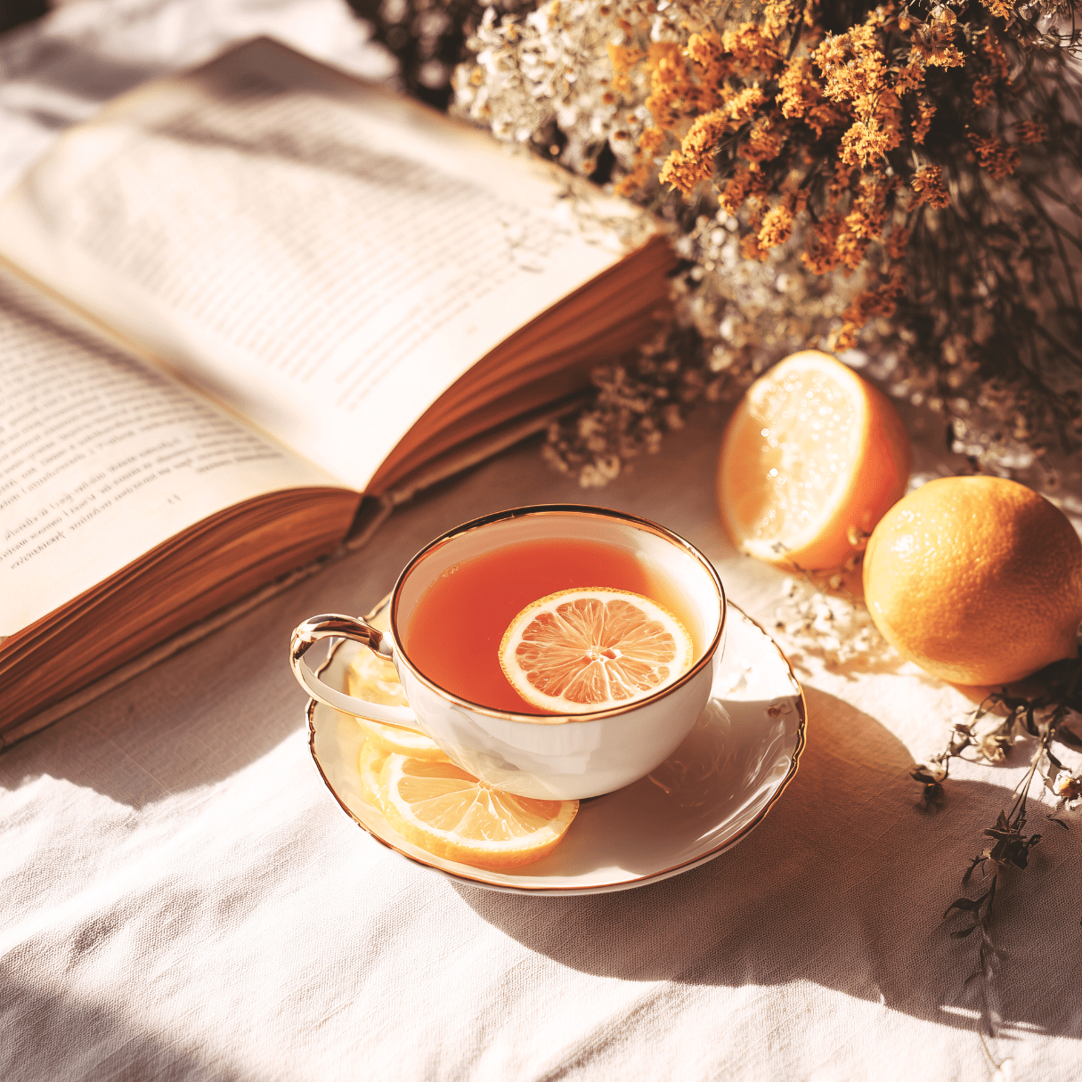 Image shows a cup of tea with lemon slices. Next to it is an open book and flowers.
