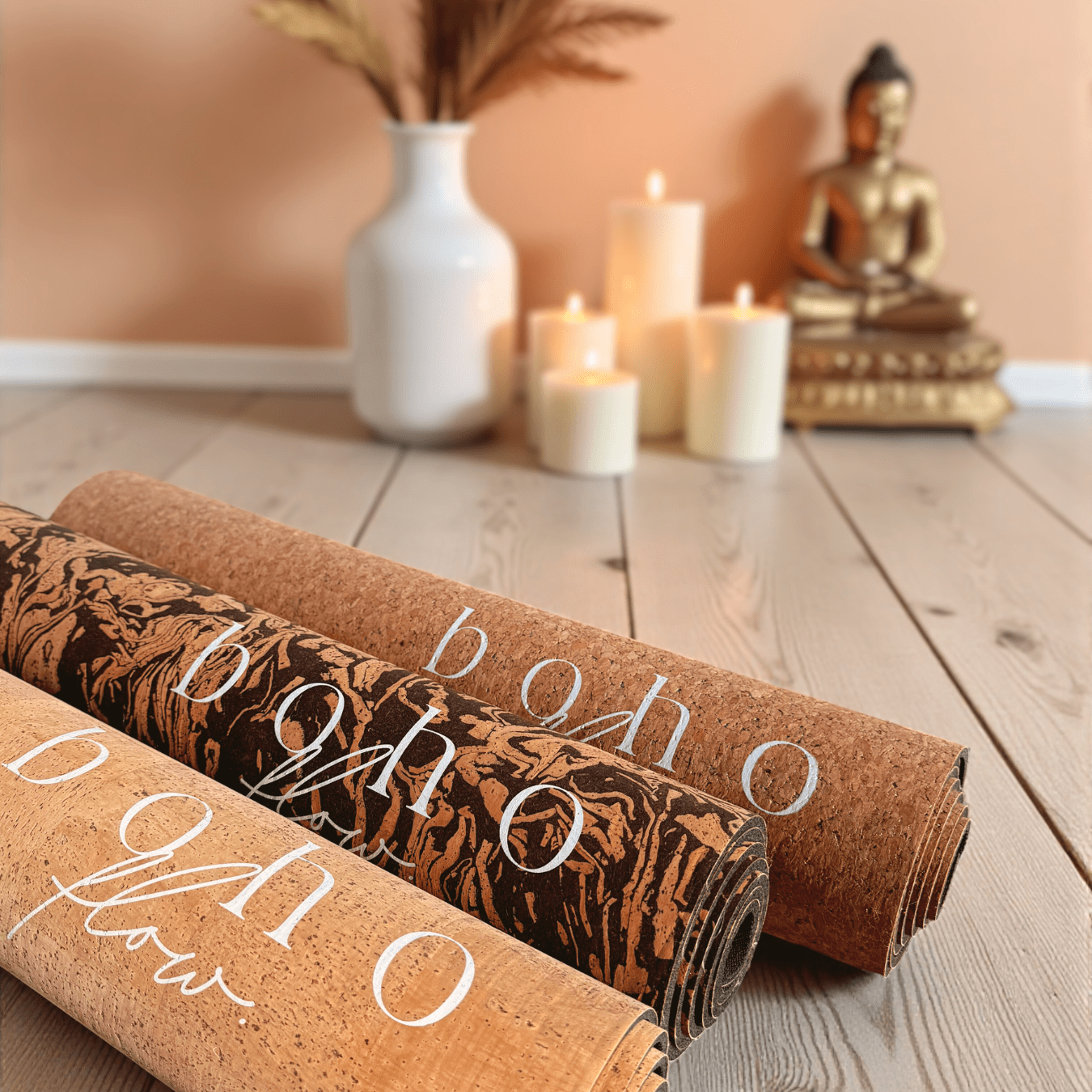 Showing the 3 Boho Flow Deluxe cork mats (coffee, gold and leather cork) in a neat studio setting.