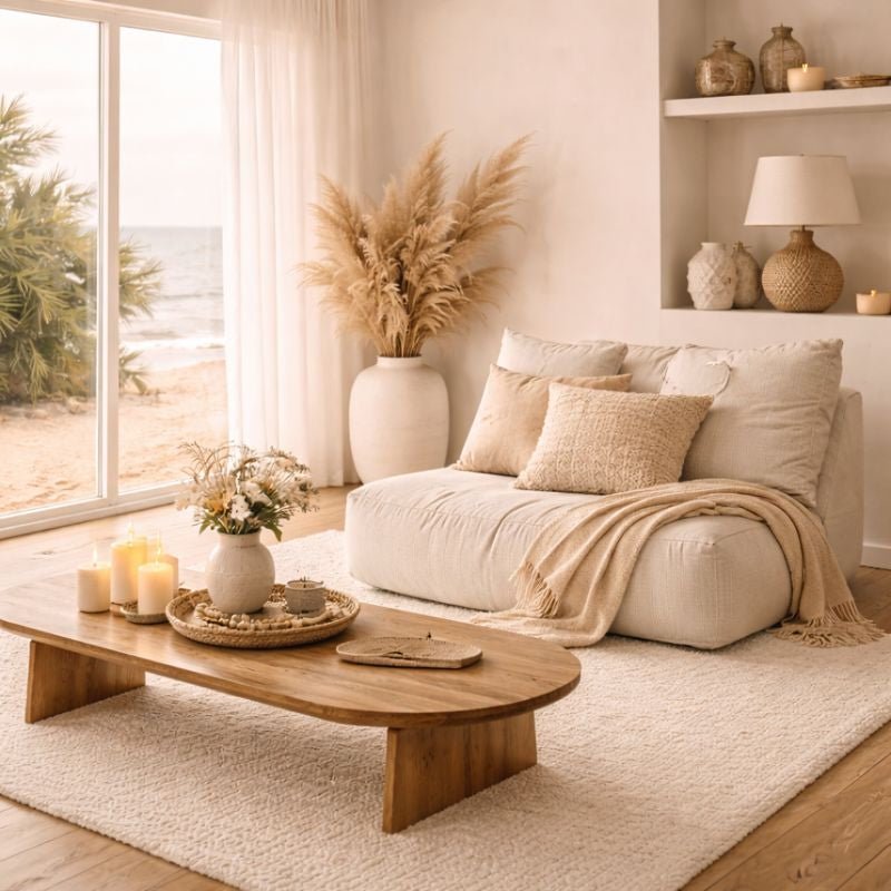 A boho-inspired living-lounge room in a beige-colour scheme by the ocean.