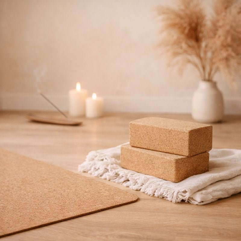 Image shows a cork yoga mat visible with 2 cork yoga blocks and blanket next to it.