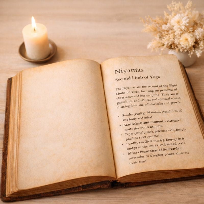 Image of an open book showing a text on the Niyamas - Second Limb of Ashtanga Yoga - displayed on a wooden table.
