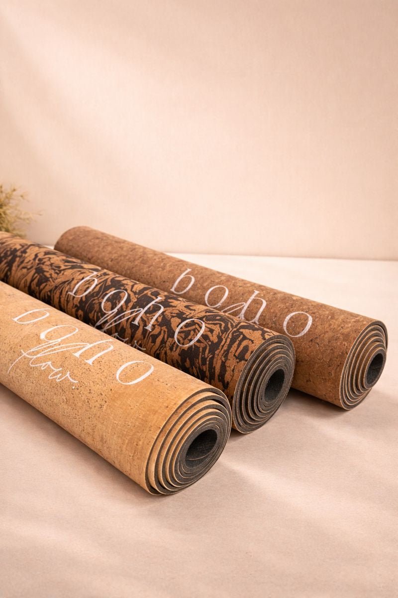 Three Rolled Up 'Boho Flow' branded cork yoga mats on a beige background.