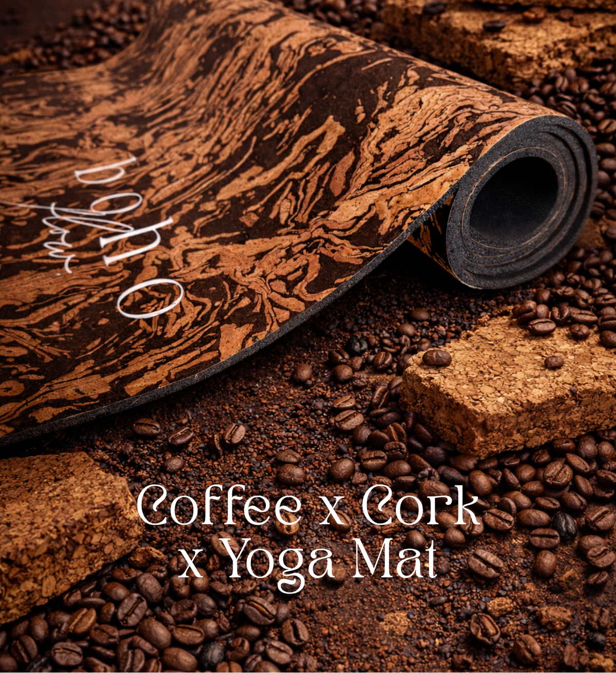 Yoga mat with cork texture and coffee beans on a dark background, featuring 'Caffe Core' branding.