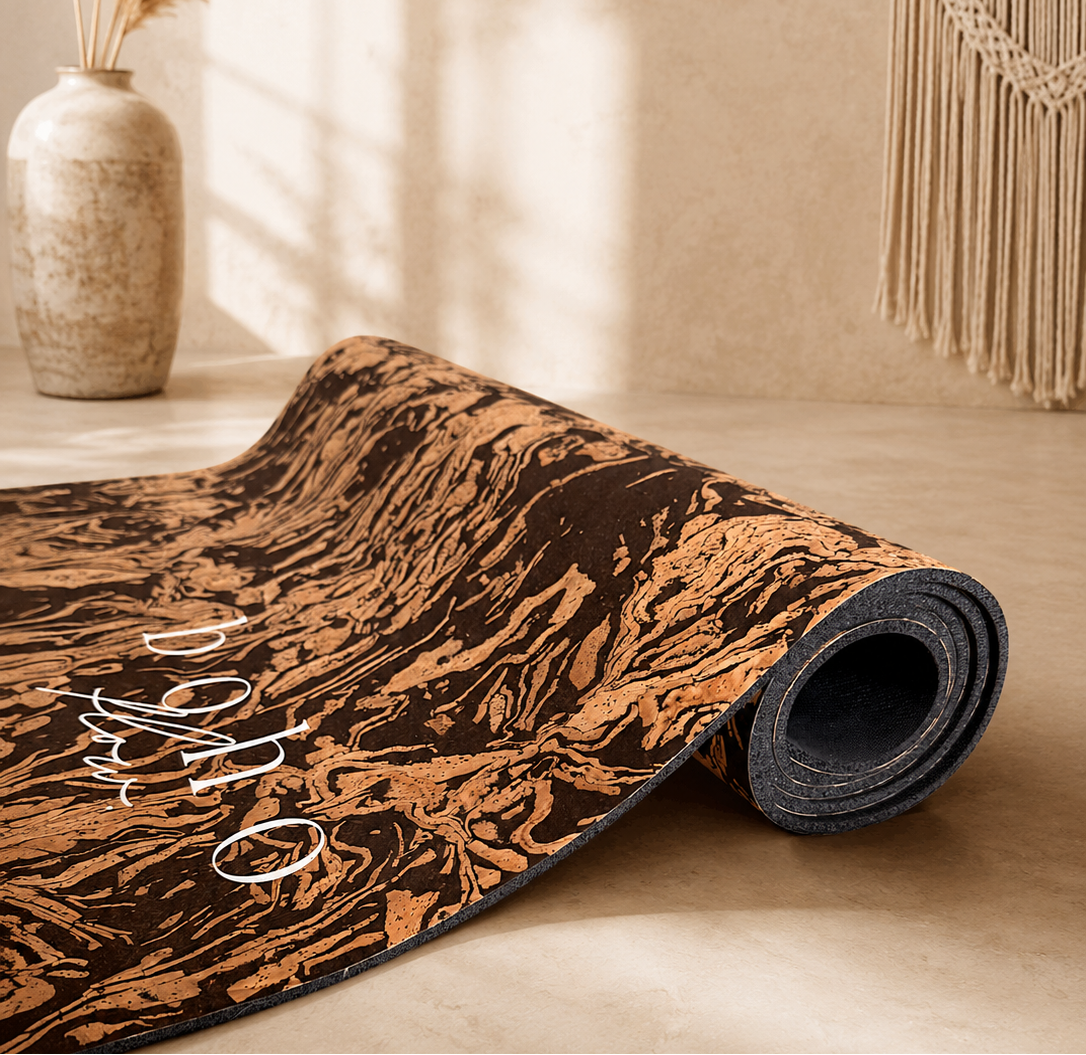 Boho Flow Caffe Core coffee-cork yoga mat half rolled on a neutral surface with minimal boho decor in background.