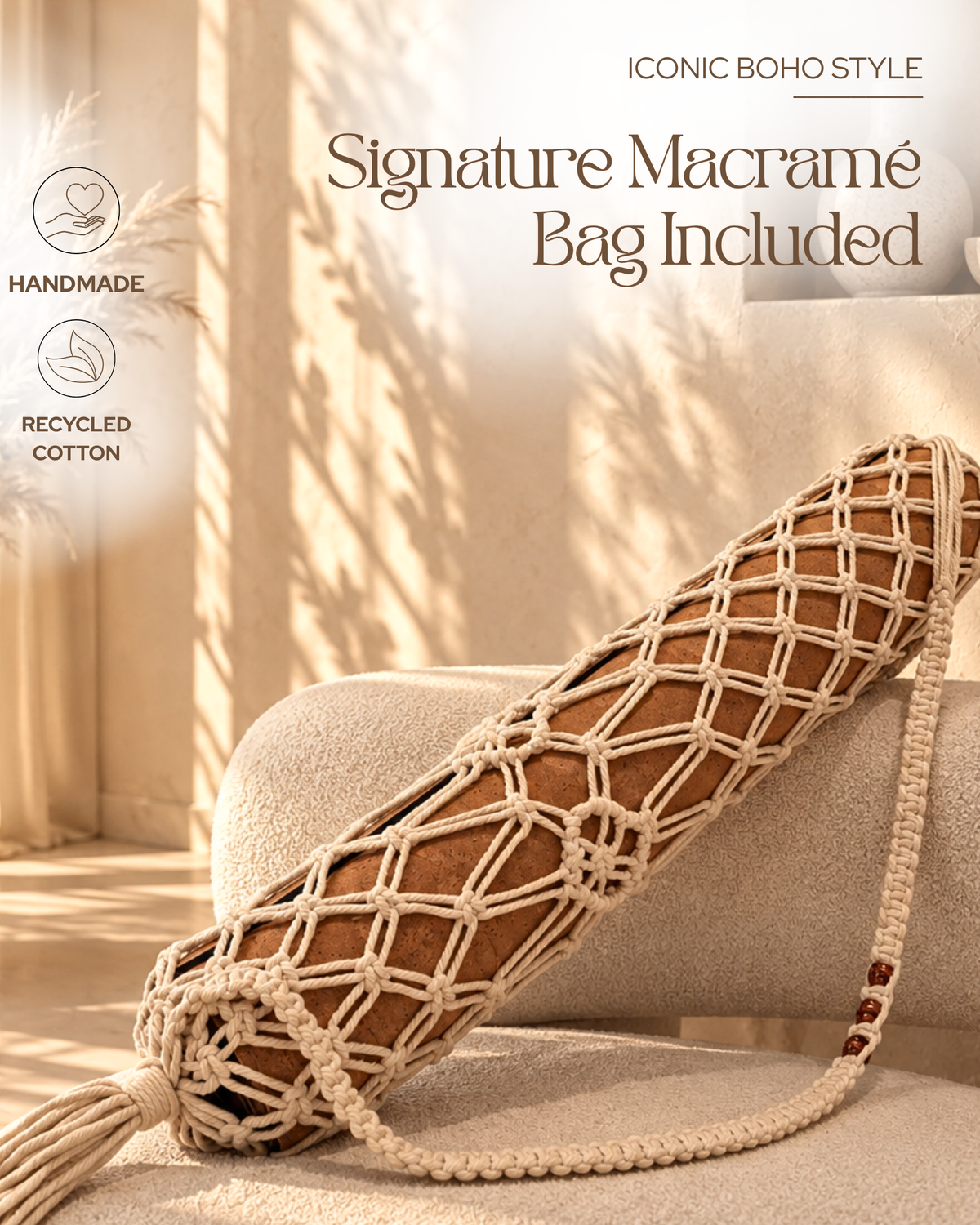 Deluxe Edition Cork Yoga Mat — Vegan Luxe Leather — Macramé Boho Bag