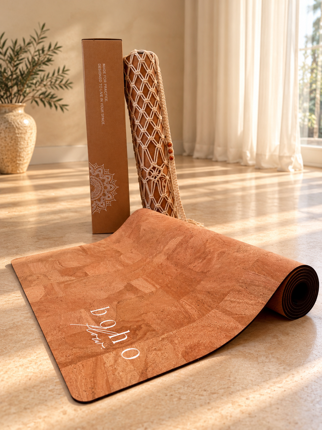 Deluxe Edition Cork Yoga Mat — Vegan Luxe Leather — Macramé Boho Bag