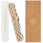 Cork Yoga mat with macrame bag and packaging featuring 'eco meets elegance' text.