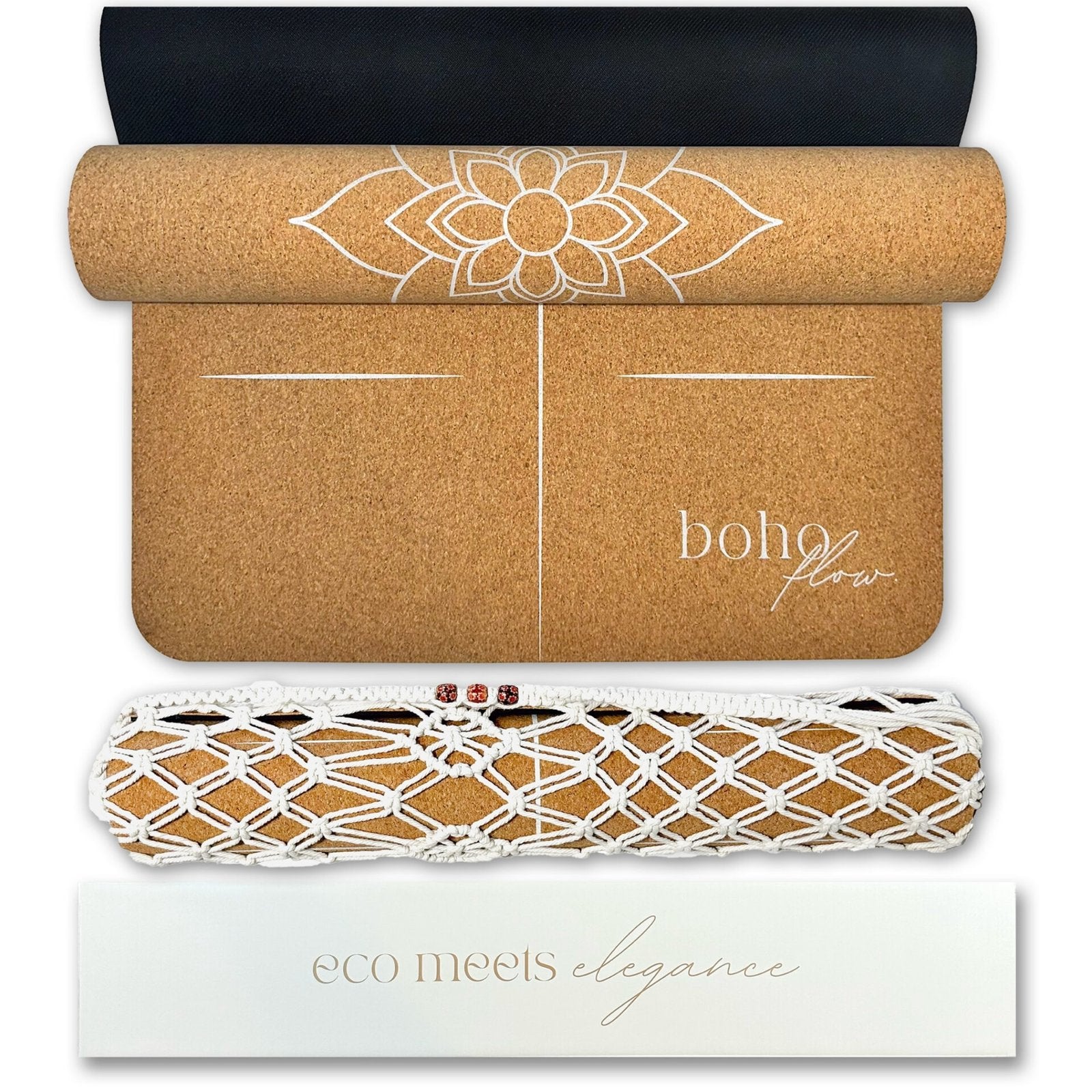 Cork yoga mat with floral alignment line design and 'boho flow' branding, accompanied by a macrame yoga mat bag and packaging box.