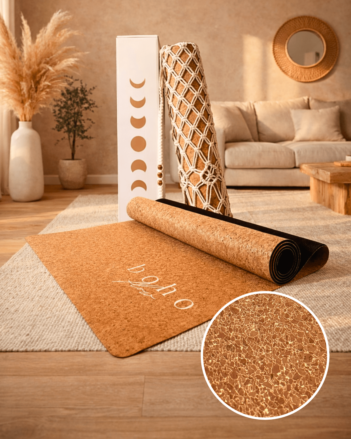 Deluxe Edition Cork Yoga Mat — Aurum Aura (Gold) — Macramé Boho Bag
