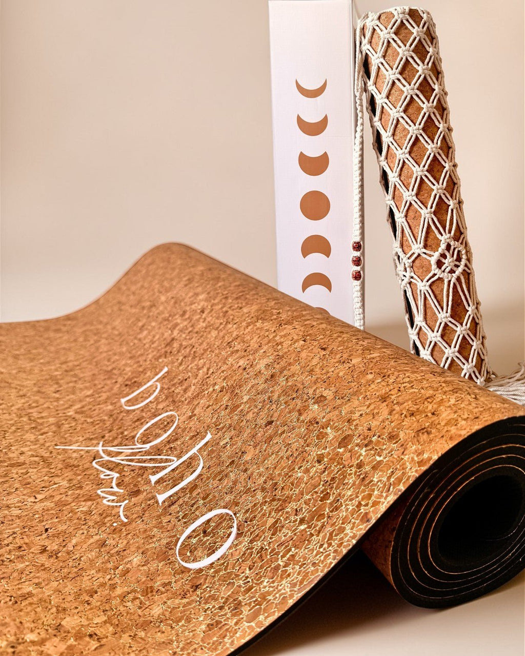 Deluxe Edition Cork Yoga Mat — Aurum Aura (Gold) — Macramé Boho Bag