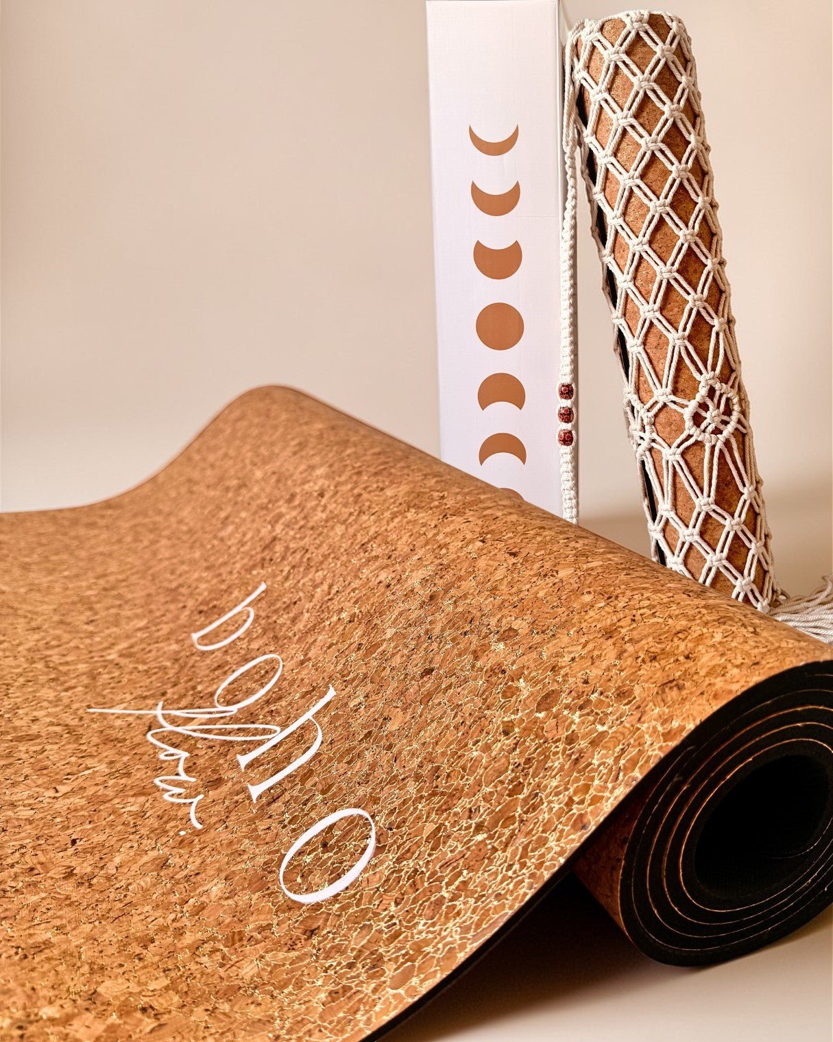 Deluxe Edition Cork Yoga Mat — Aurum Aura (Gold) — Macramé Boho Bag