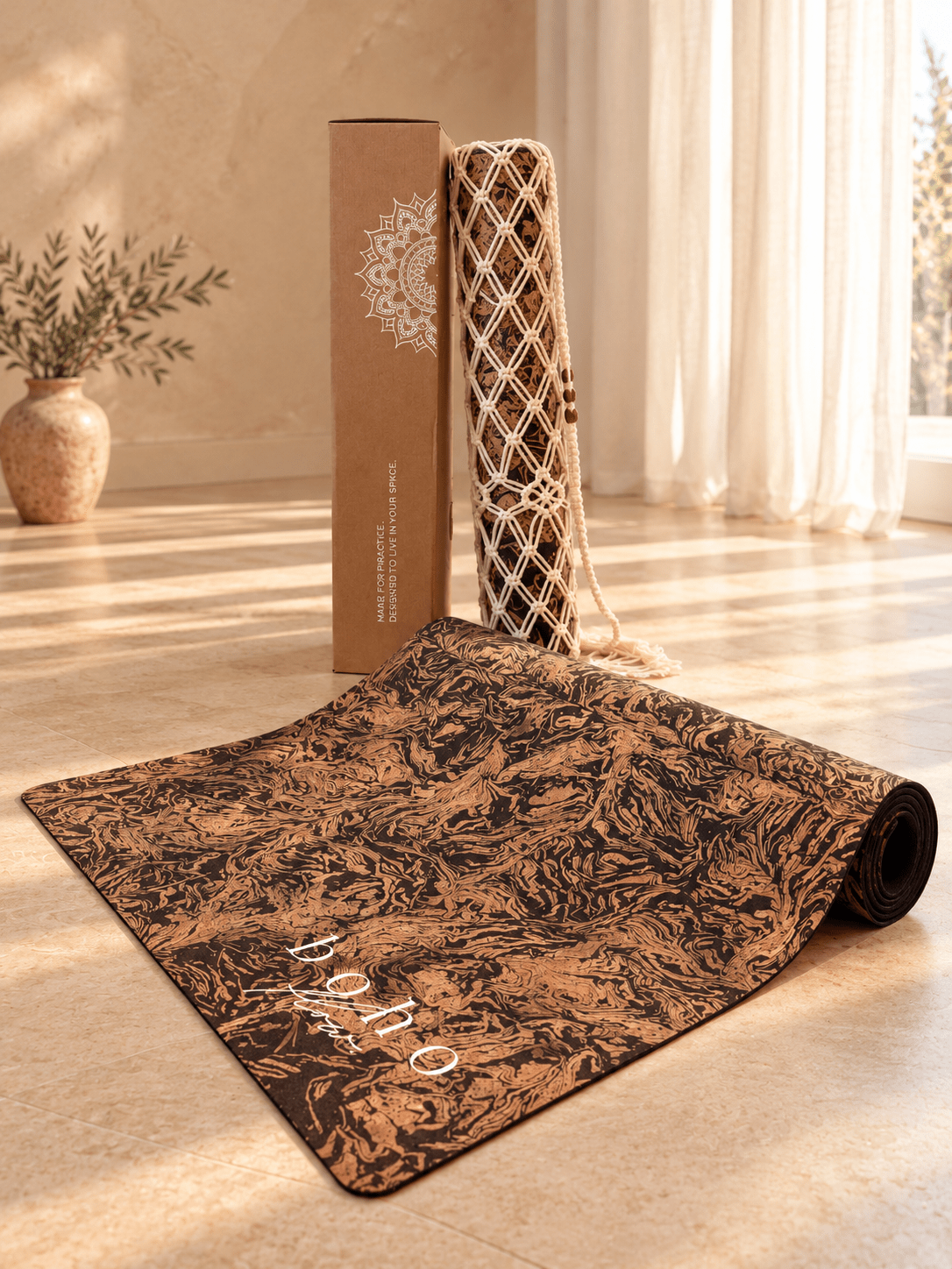 Deluxe Edition Cork Yoga Mat — Caffè Core — Macramé Boho Bag