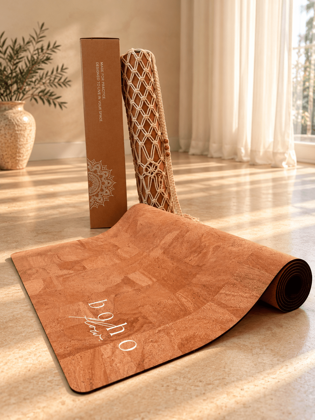 Deluxe Edition Cork Yoga Mat — Vegan Luxe Leather — Macramé Boho Bag