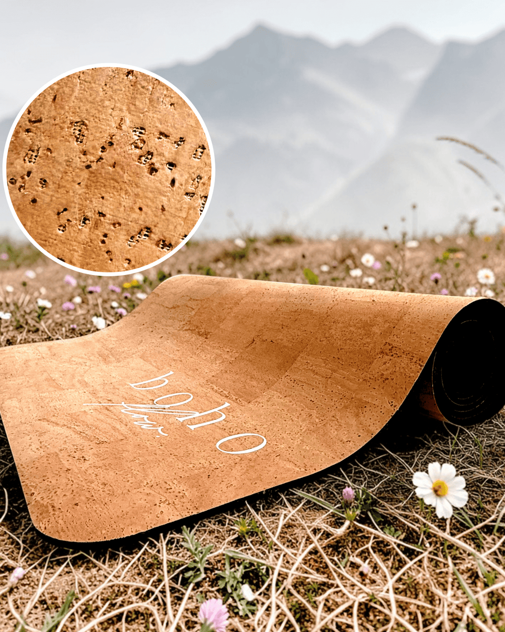 Boho Flow Luxe Vegan Leather Cork yoga mat with texture detail and 'Boho Flow' branding on grass with mountains in the background.