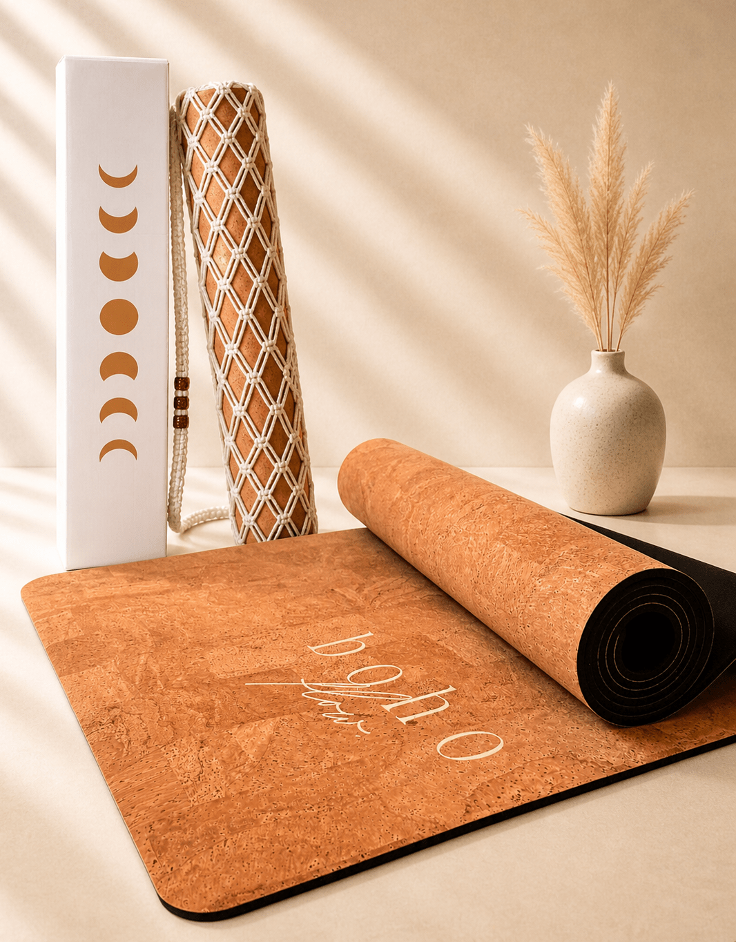 Deluxe Edition Cork Yoga Mat — Vegan Luxe Leather — Macramé Boho Bag