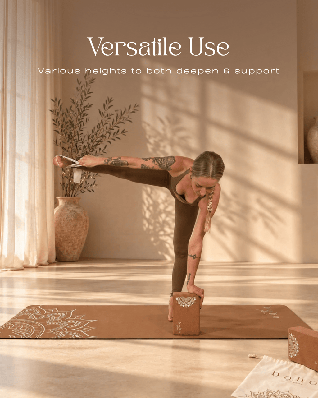Essential Yoga Props Set — 2 Cork Blocks & Yoga Strap — Storage Bag