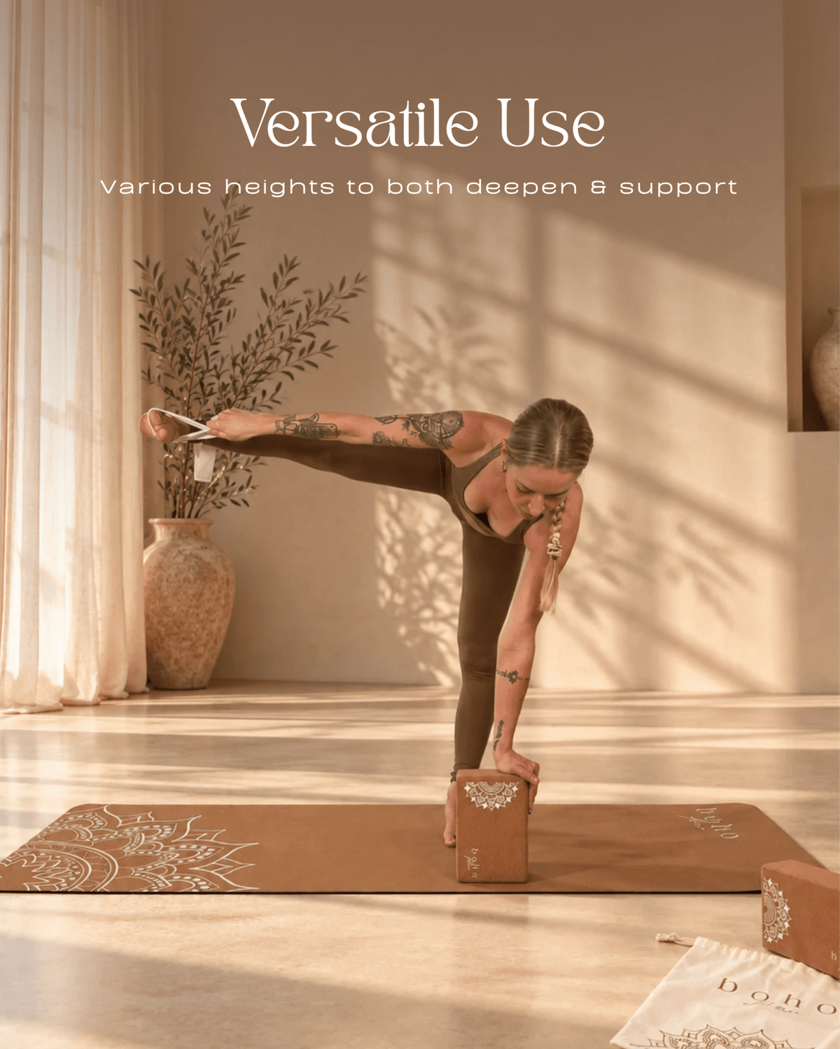 Essential Yoga Props Set — 2 Cork Blocks & Yoga Strap — Storage Bag