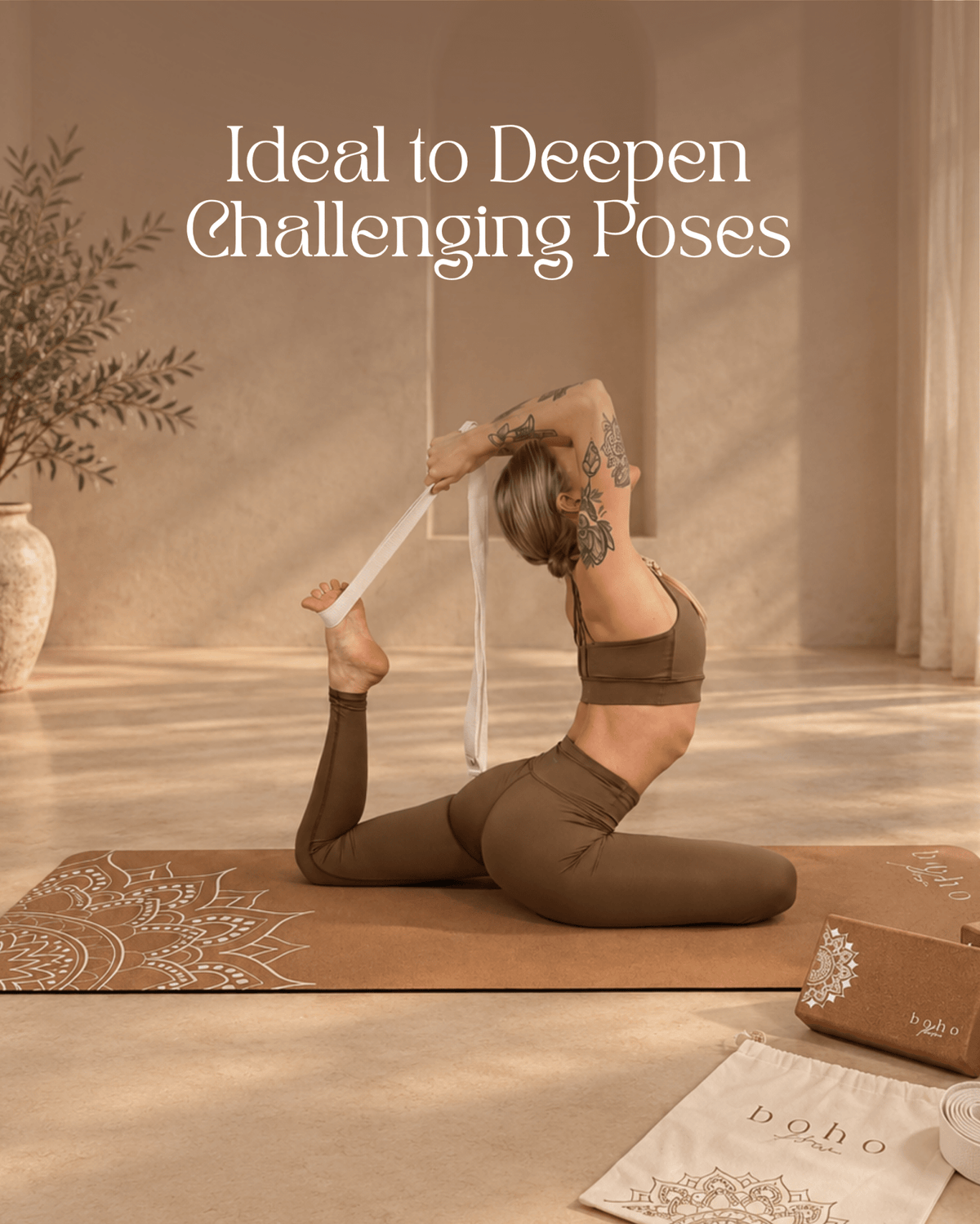 Essential Yoga Props Set — 2 Cork Blocks & Yoga Strap — Storage Bag