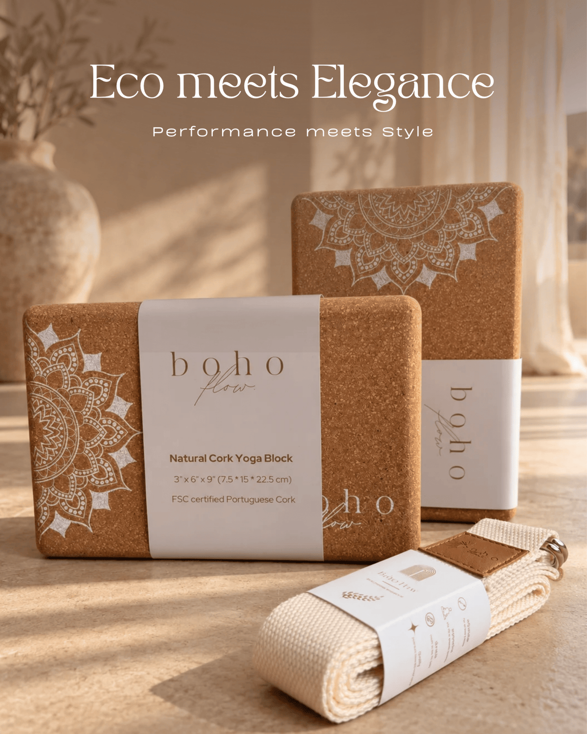 Essential Yoga Props Set — 2 Cork Blocks & Yoga Strap — Storage Bag