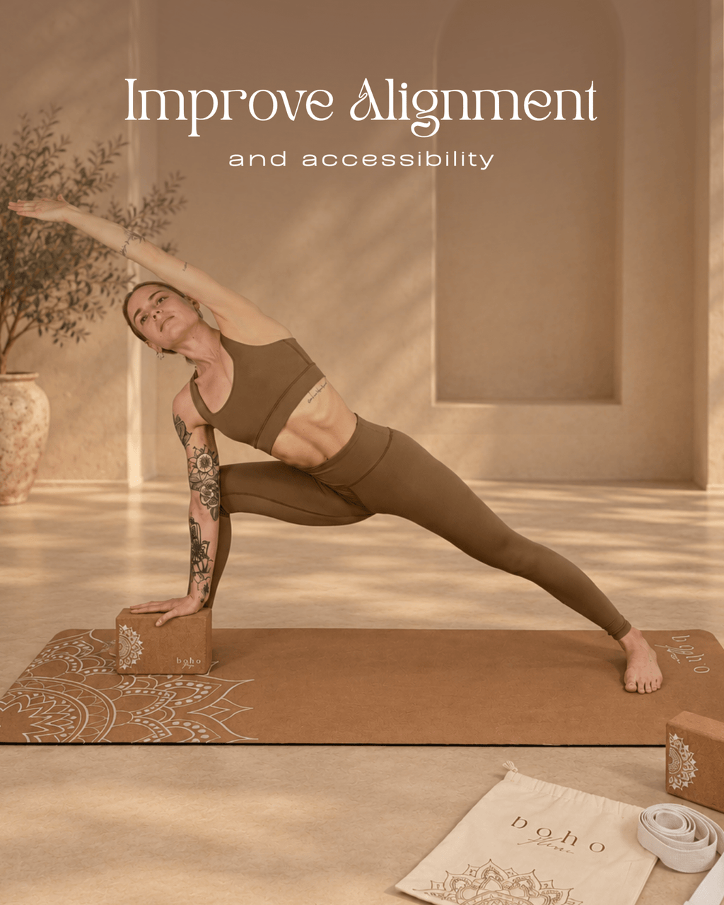 Essential Yoga Props Set — 2 Cork Blocks & Yoga Strap — Storage Bag