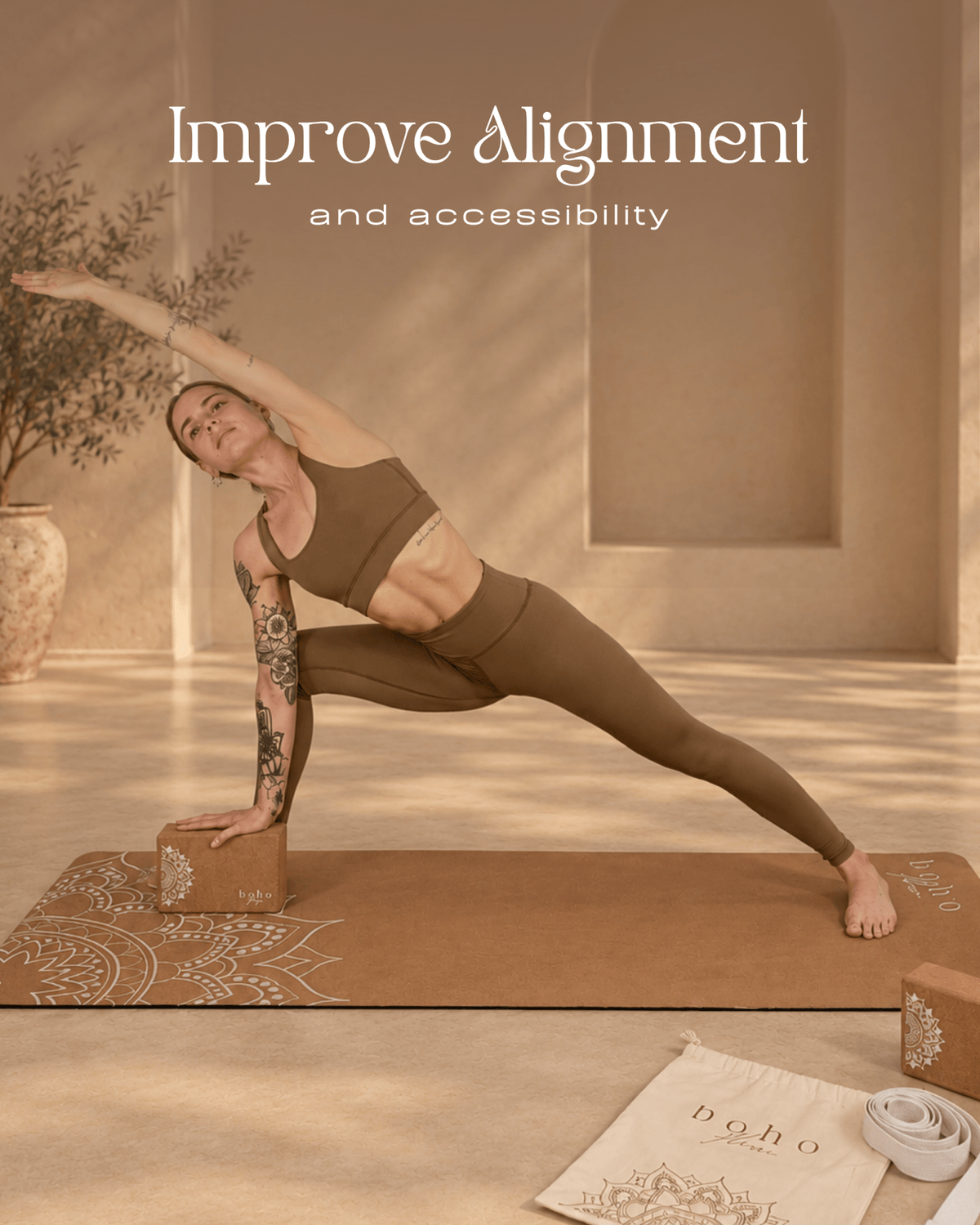 Essential Yoga Props Set — 2 Cork Blocks & Yoga Strap — Storage Bag