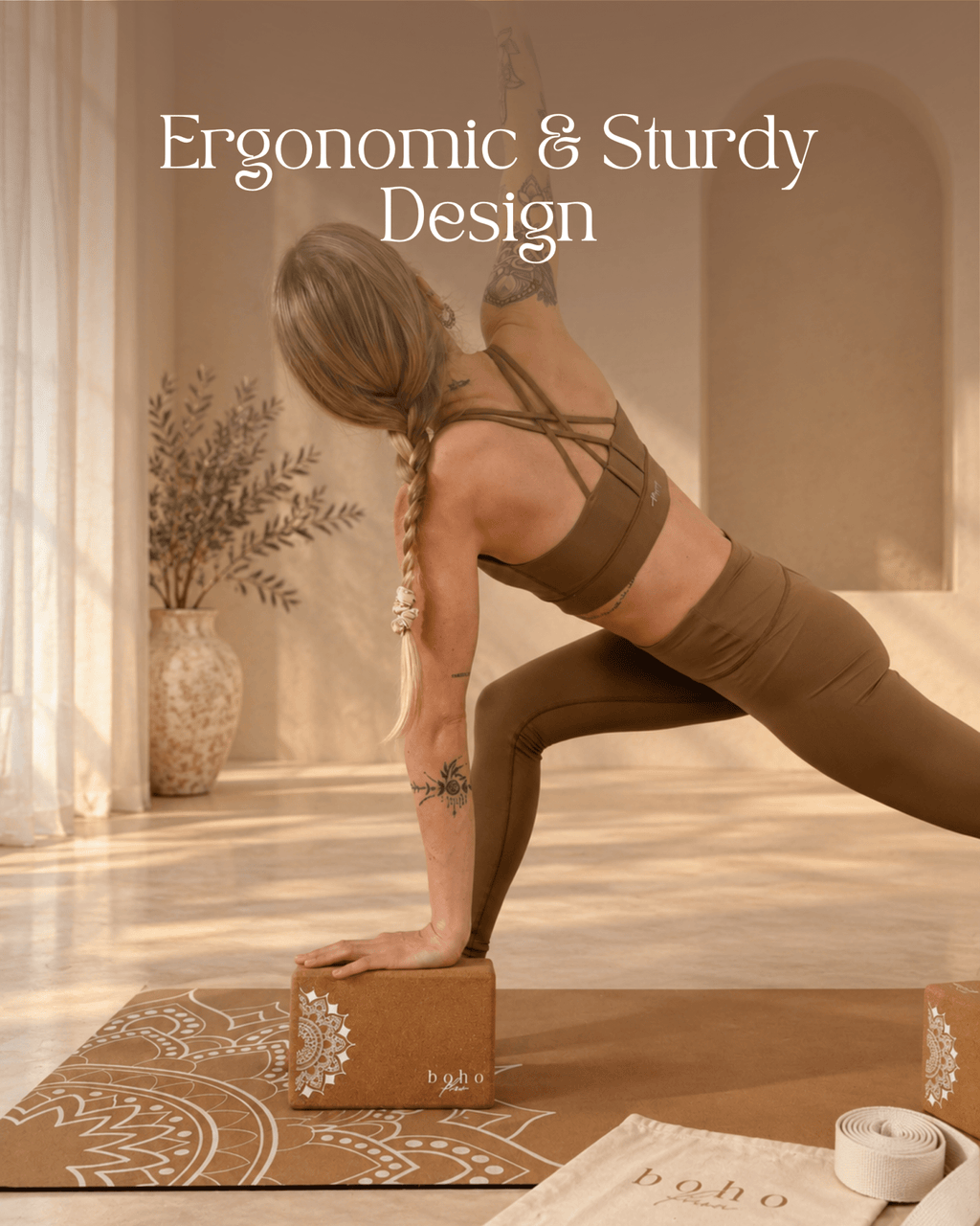Essential Yoga Props Set — 2 Cork Blocks & Yoga Strap — Storage Bag