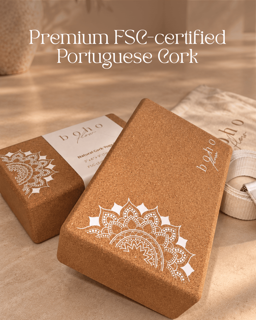 Essential Yoga Props Set — 2 Cork Blocks & Yoga Strap — Storage Bag