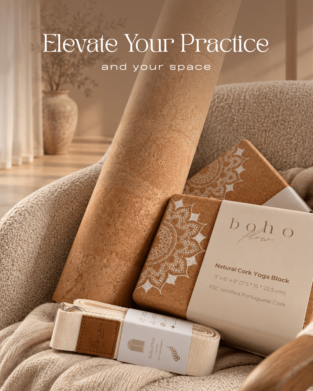 Essential Yoga Props Set — 2 Cork Blocks & Yoga Strap — Storage Bag