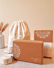 Essential Yoga Props Set — 2 Cork Blocks & Yoga Strap — Storage Bag