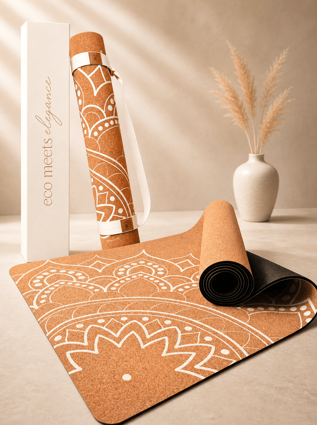 Print Edition Cork Yoga Mat — Offset Mandala — Carry Strap