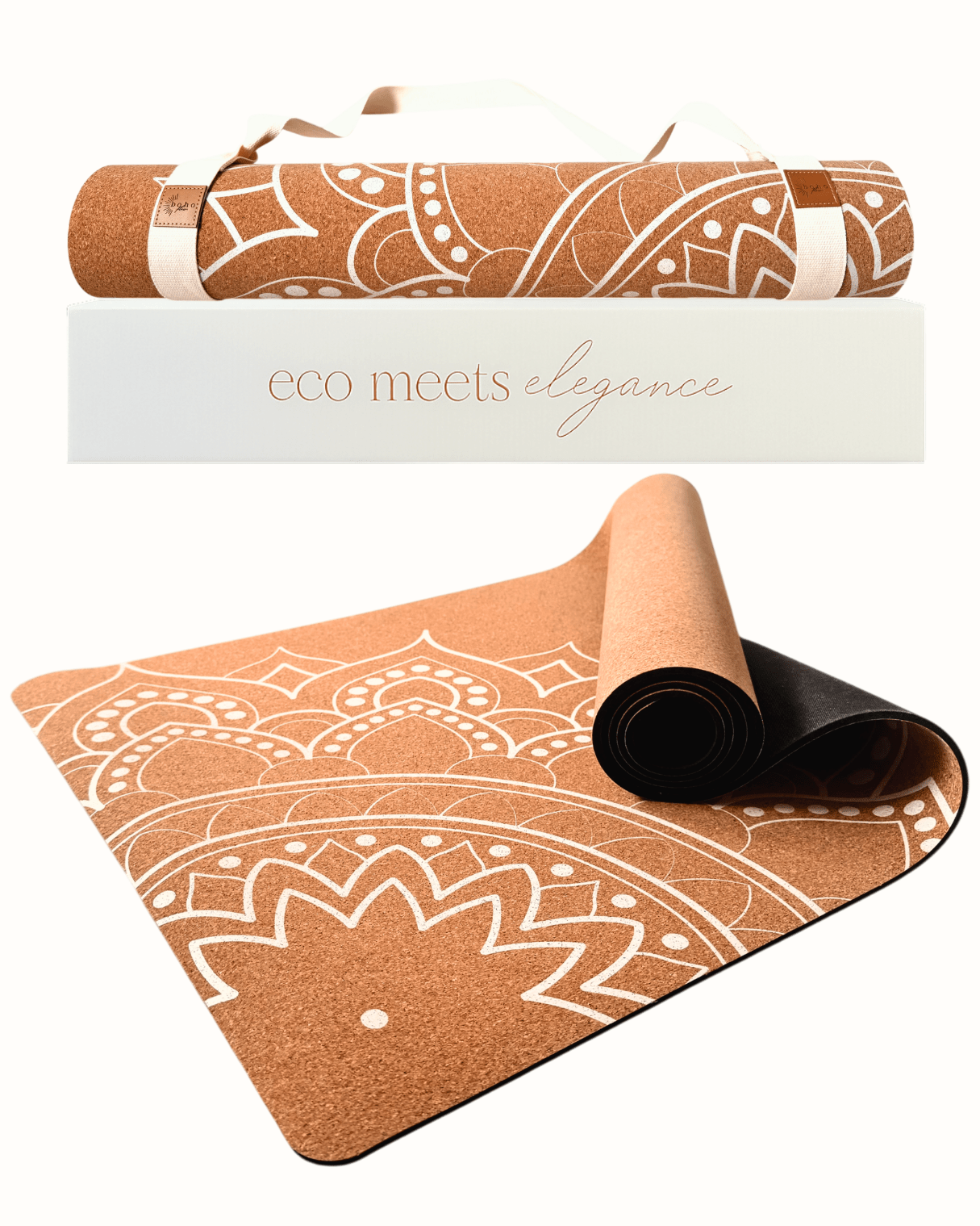 Product shot of the Boho Flow Mandala Design Cork Yoga Mat at an angle, also with the packaging box and rolled mat in the background, on a transparent background.