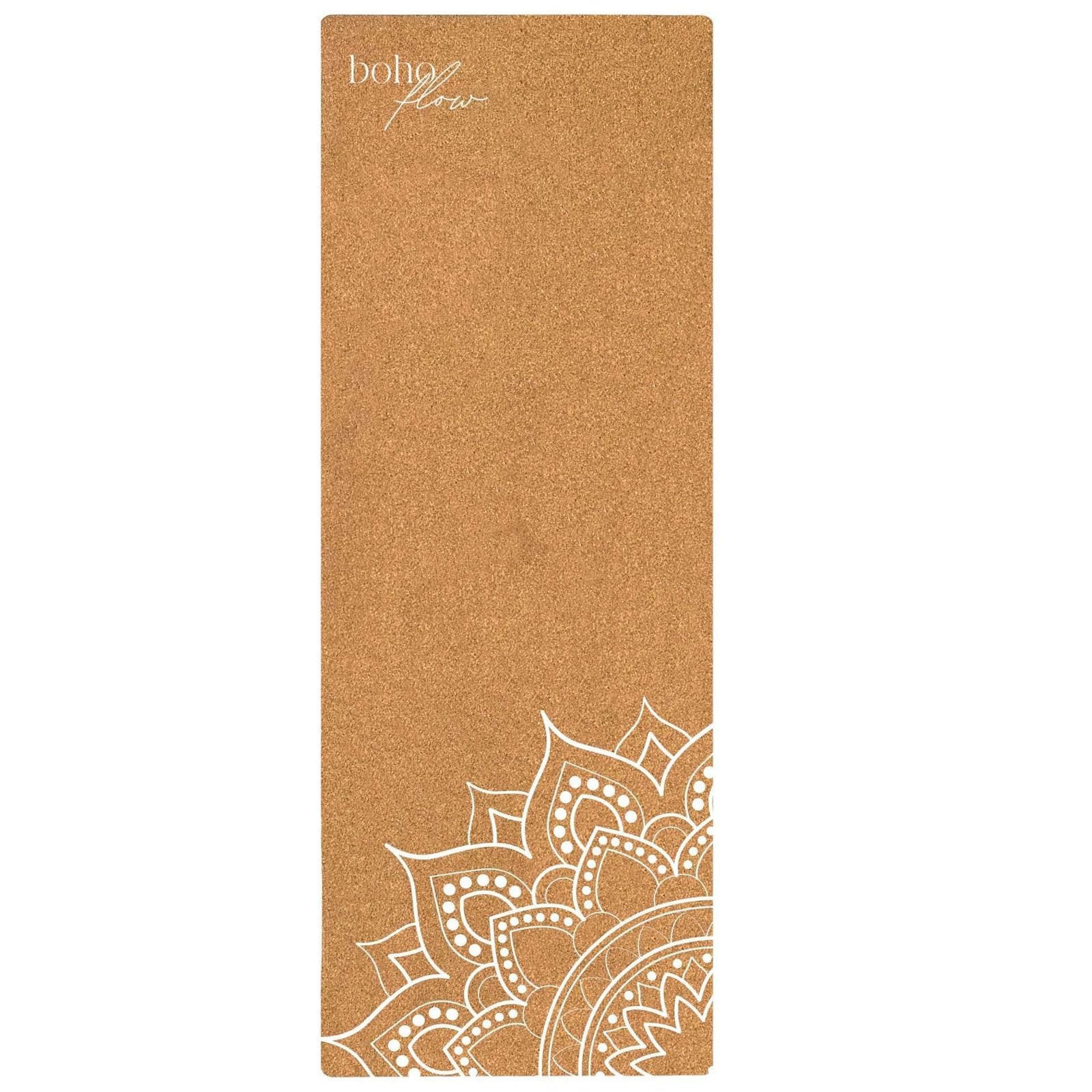 Yoga mat with mandala design and 'boho flow' branding on a white background