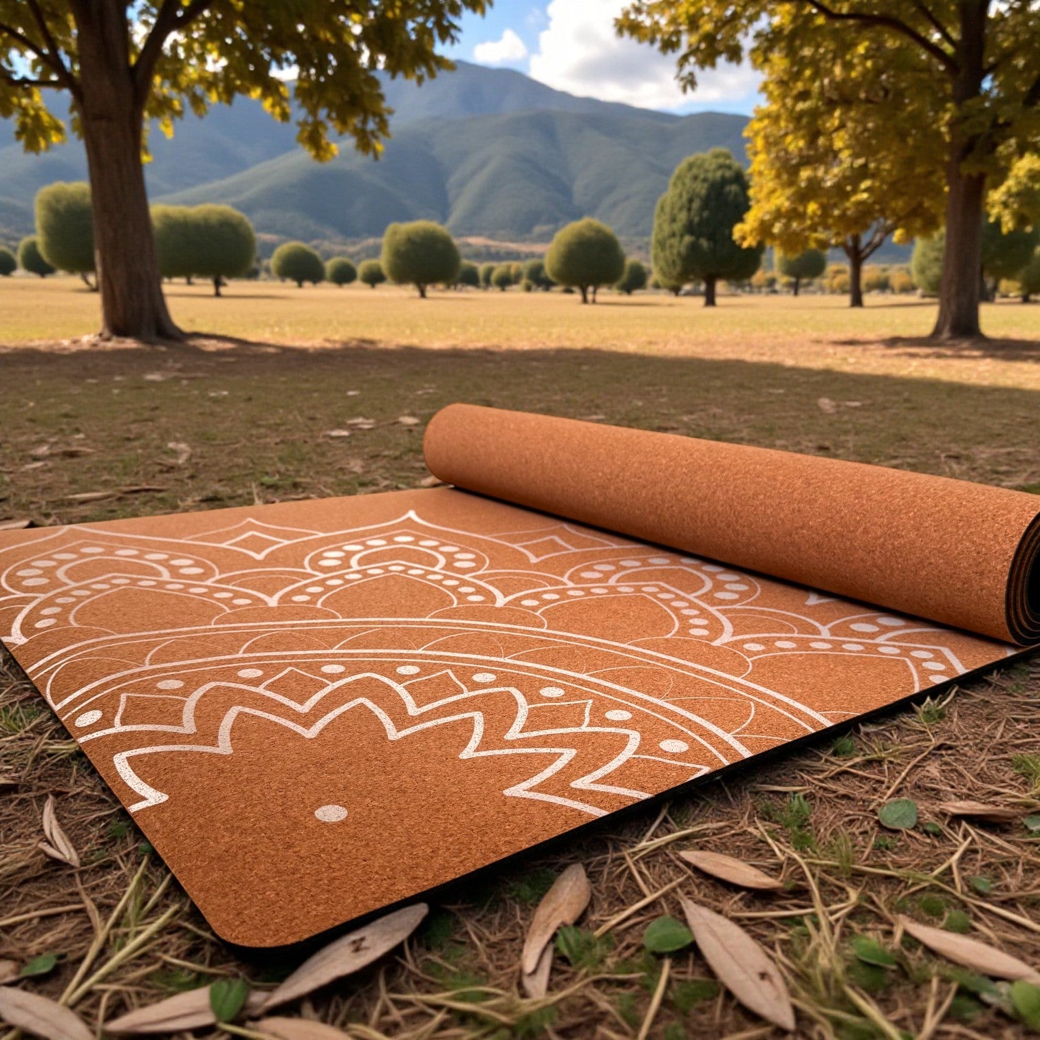Cork yoga mat with mandala design on a natural background