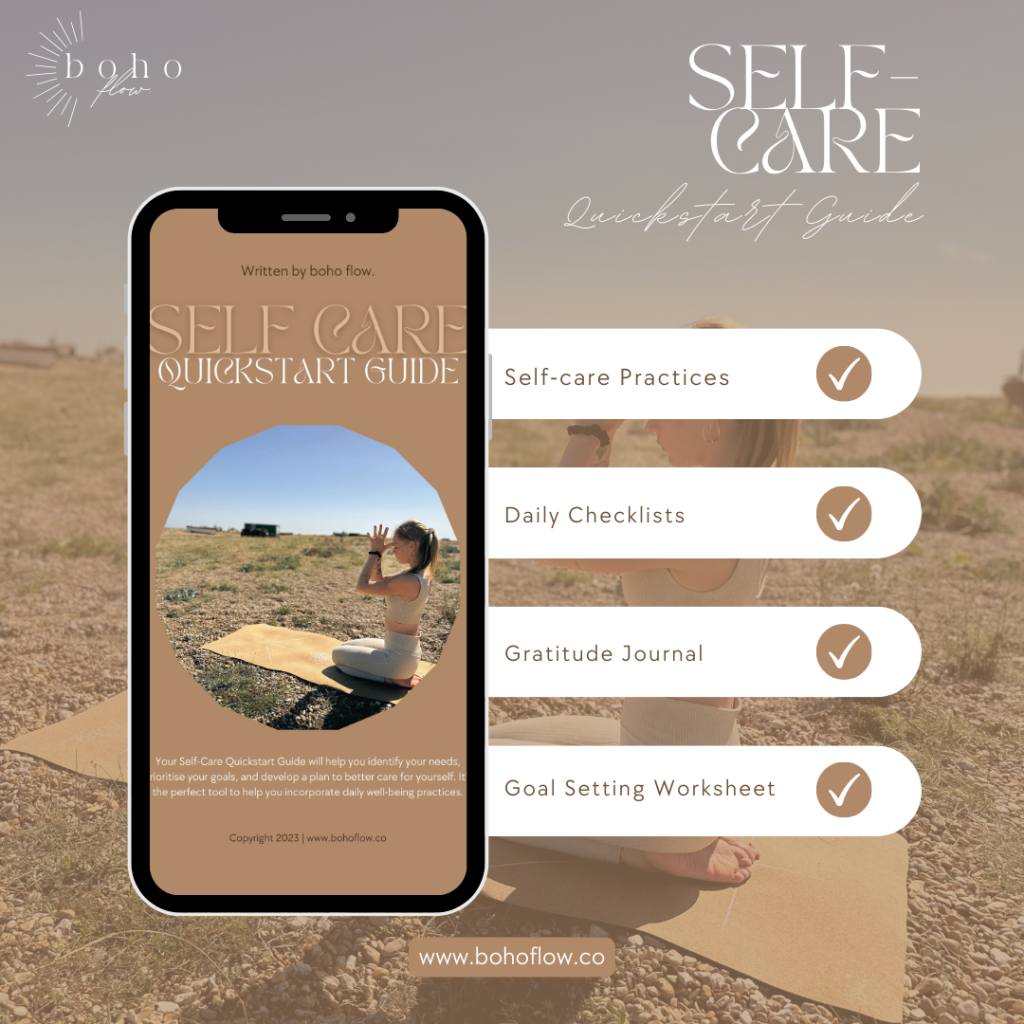 Creative showing a picture version of the free PDF guide for self-care available for download. Self-care guide includes self-care practices, worksheets and checklists.