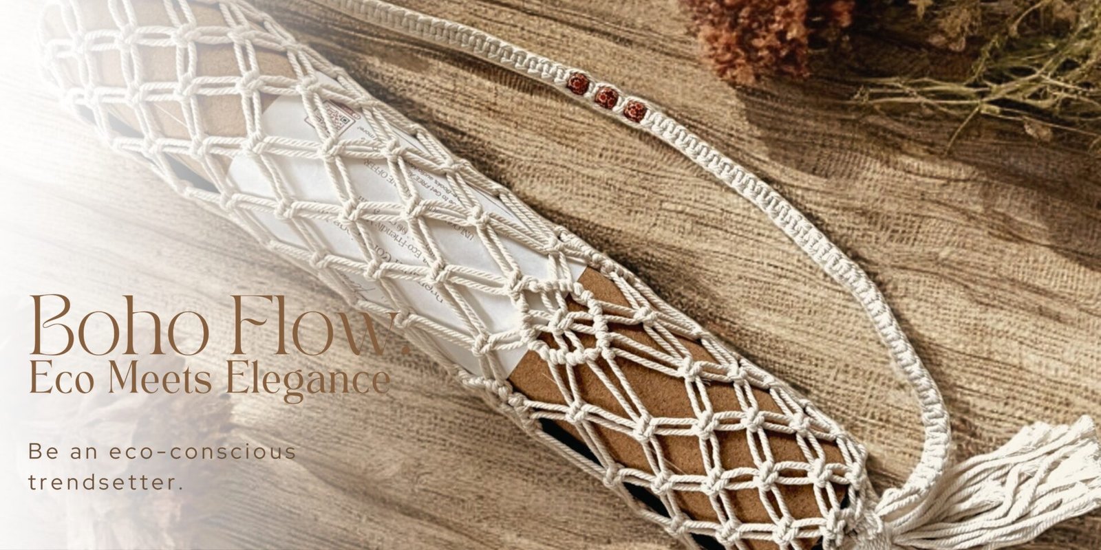 The Boho Flow signature and handwoven Macramé boho yoga bag - made from recycled cotton, it's fully eco-friendly but super stylish and chic.